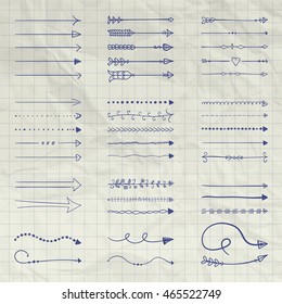 Set of Vector and Drawn Arrow Shaped Elements. Pen Drawing Doodle Outlined Sketched Arrows, Pointers. Vector Illustration. Crumpled Notebook Paper Background Texture