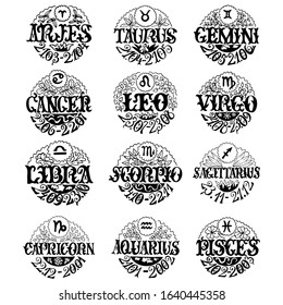 Set of vector drawn astrological illustrations of zodiac signs in the sketch style. The circular composition is decorated with floral elements. Calligraphic handwritten names. Astronomical dates. 
