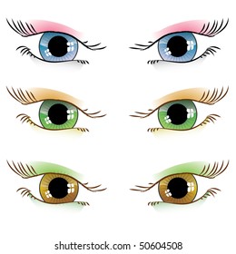 set of vector drawn eyes of different forms of color