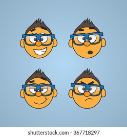 Set of vector drawn faces with blue glasses - Smiles, different moods