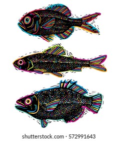 Set of vector drawn fishes, different underwater species. Organic seafood graphic symbols collection, freshwater fishes, sea bass, sea bream and salmon.