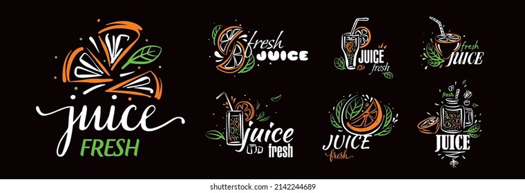 A set of vector drawn logos of fresh juice on a black background