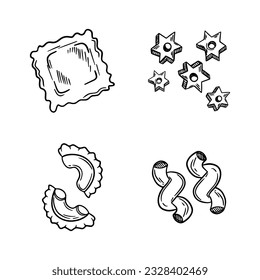 set vector drawn macaroni, pasta, rigatoni, spaghetti. line art
