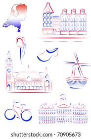 Set of vector drawn stylized sights and symbols of Netherlands