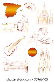 Set of vector drawn stylized sights and symbols of Spain