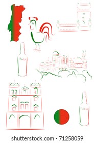 Set of vector drawn stylized sights and symbols of Portugal