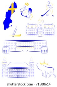 Set of vector drawn stylized sights and symbols of Sweden