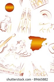 Set of vector drawn stylized sights and symbols of Spain. Seamless.