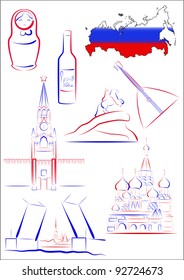 Set of vector drawn stylized sights and symbols of Russia