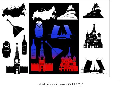 Set of vector drawn stylized silhouettes of sights and symbols of Russia and picture with hallmarks.