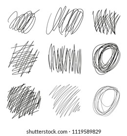 Set of vector drawn tangles, lines, circles, ellipses Doodle sketch. Black line abstract scribble shape. Vector tangled chaotic doodle circle and square scribble drawing. Thread clew knot isolated on