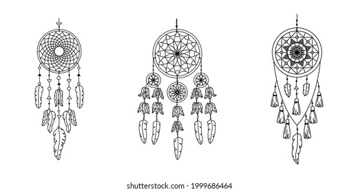 Set of vector dreamcathers in boho style. Mystical interiors. 