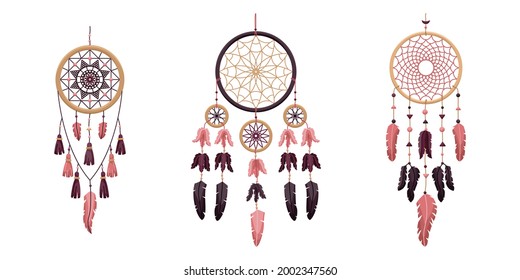 Set of vector dreamcathers in boho style. Mystical interiors. 