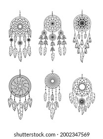 Set of vector dreamcathers in boho style. Mystical interiors. Line art