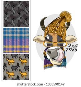 Set of vector dressed up cow and vector seamless pattern. Pretty cow with knitted hat and scarf. Print on T-shirts, bags and other fashion products. Design children's clothing and accessories.
