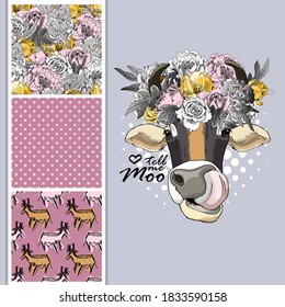 Set of vector dressed up cow and vector seamless pattern. Pretty cow with flower wreath. Print on T-shirts, bags and other fashion products. Design children's clothing and accessories.