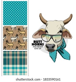 Set of vector dressed up cow and vector seamless pattern. Pretty cow with glasses and scarf. Print on T-shirts, bags and other fashion products. Design children's clothing and accessories.