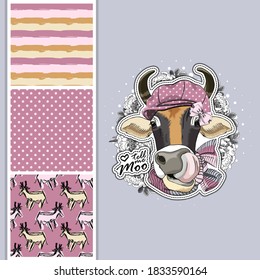 Set of vector dressed up cow and vector seamless pattern. Pretty cow with hat and scarf. Print on T-shirts, bags and other fashion products. Design children's clothing and accessories.