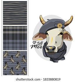 Set of vector dressed up cow and vector seamless pattern. Pretty cow with hat and scarf. Print on T-shirts, bags and other fashion products. Design children's clothing and accessories.