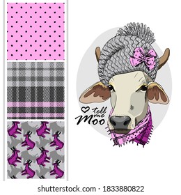 Set of vector dressed up cow and vector seamless pattern. Pretty cow with knitted hat and scarf. Print on T-shirts, bags and other fashion products. Design children's clothing and accessories.