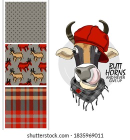 Set of vector dressed up cow and vector seamless pattern. Pretty cow with hat and scarf. Print on T-shirts, bags and other fashion products. Design children's clothing and accessories.