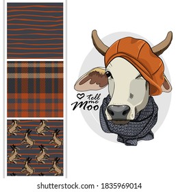 Set of vector dressed up cow and vector seamless pattern. Pretty cow with hat and scarf. Print on T-shirts, bags and other fashion products. Design children's clothing and accessories.