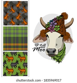 Set of vector dressed up cow and vector seamless pattern. Pretty cow with knitted hat and scarf. Print on T-shirts, bags and other fashion products. Design children's clothing and accessories.