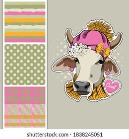 Set of vector dressed up cow and vector seamless pattern. Pretty cow with hat and scarf. Print on T-shirts, bags and other fashion products. Design children's clothing and accessories.
