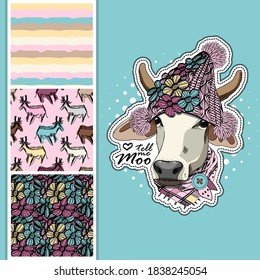 Set of vector dressed up cow and vector seamless pattern. Pretty cow with hat and scarf. Print on T-shirts, bags and other fashion products. Design children's clothing and accessories.