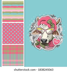 Set of vector dressed up cow and vector seamless pattern. Pretty cow with hat and scarf. Print on T-shirts, bags and other fashion products. Design children's clothing and accessories.