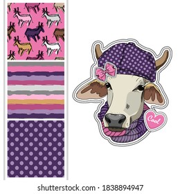 Set of vector dressed up cow and vector seamless pattern. Pretty cow with hat and scarf. Print on T-shirts, bags and other fashion products. Design children's clothing and accessories.