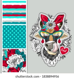 Set of vector dressed up cow and vector seamless pattern. Pretty cow with flower wreath and glasses. Print on T-shirts, bags and other fashion products. Design children's clothing and accessories.