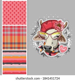 Set of vector dressed up cow and vector seamless pattern. Pretty cow with hat, glasses and scarf. Print on T-shirts, bags and other fashion products. Design children's clothing and accessories.