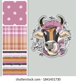 Set of vector dressed up cow and vector seamless pattern. Pretty cow with hat and scarf. Print on T-shirts, bags and other fashion products. Design children's clothing and accessories.