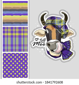 Set of vector dressed up cow and vector seamless pattern. Pretty cow with hat and scarf. Print on T-shirts, bags and other fashion products. Design children's clothing and accessories.