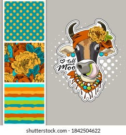 Set of vector dressed up cow and vector seamless pattern. Pretty cow with flower wreath. Print on T-shirts, bags and other fashion products. Design children's clothing and accessories.