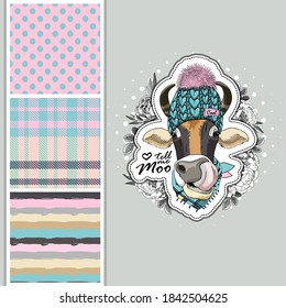Set of vector dressed up cow and vector seamless pattern. Pretty cow with knitted hat and scarf. Print on T-shirts, bags and other fashion products. Design children's clothing and accessories.