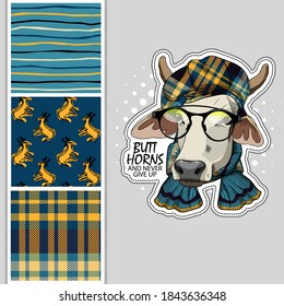 Set of vector dressed up cow and vector seamless pattern. Pretty cow with hat, glasses and scarf. Print on T-shirts, bags and other fashion products. Design children's clothing and accessories.