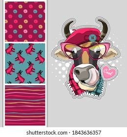 Set of vector dressed up cow and vector seamless pattern. Pretty cow with hat, glasses and scarf. Print on T-shirts, bags and other fashion products. Design children's clothing and accessories.