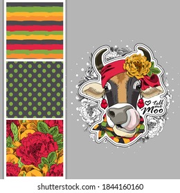 Set of vector dressed up cow and vector seamless pattern. Pretty cow with flower wreath. Print on T-shirts, bags and other fashion products. Design children's clothing and accessories.
