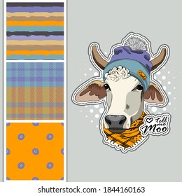 Set of vector dressed up cow and vector seamless pattern. Pretty cow with hat and scarf. Print on T-shirts, bags and other fashion products. Design children's clothing and accessories.