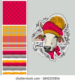Set of vector dressed up cow and vector seamless pattern. Pretty cow with hat and scarf. Print on T-shirts, bags and other fashion products. Design children's clothing and accessories.