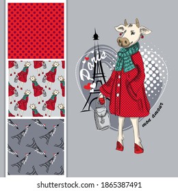 Set of vector dressed up cow and vector seamless pattern. Pretty cow with Eiffel Tower. Print on T-shirts, bags and other fashion products. Design children's clothing and accessories.