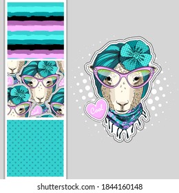 Set of vector dressed up sheep and vector seamless pattern. Cool sheep with glasses, scarf and hat. Print on T-shirts, cups and other fashion products. Design clothing and accessories.