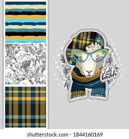 Set of vector dressed up sheep and vector seamless pattern. Cool sheep with glasses, knitted scarf and hat. Print on T-shirts, cups and other fashion products. Design clothing and accessories.