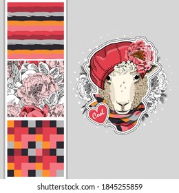 Set of vector dressed up sheep and vector seamless pattern. Cool sheep with scarf and hat. Print on T-shirts, cups and other fashion products. Design clothing and accessories.