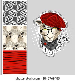 Set of vector dressed up sheep and vector seamless pattern. Cool sheep with scarf, glasses and hat. Print on T-shirts, cups and other fashion products. Design clothing and accessories.