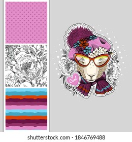 Set of vector dressed up sheep and vector seamless pattern. Cool sheep with scarf, glasses and hat. Print on T-shirts, cups and other fashion products. Design clothing and accessories.