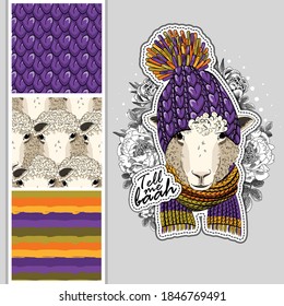 Set of vector dressed up sheep and vector seamless pattern. Cool sheep with scarf and knitted hat. Print on T-shirts, cups and other fashion products. Design clothing and accessories.