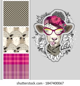 Set of vector dressed up sheep and vector seamless pattern. Cool sheep with scarf, glasses and hat. Print on T-shirts, cups and other fashion products. Design clothing and accessories.